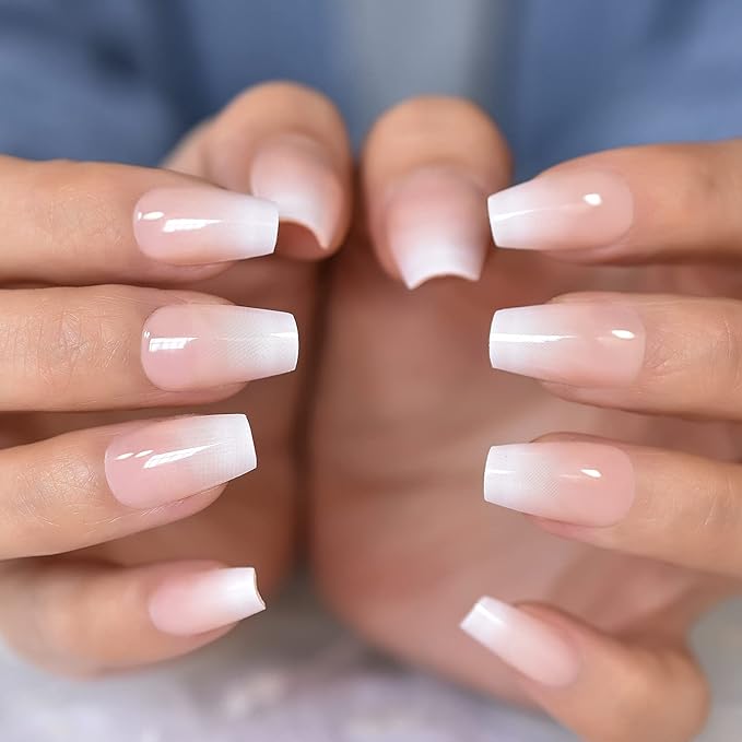 EchiQ Cherry Blossom Pink Gradient Press On Nail Wearable Artificial Acrylic Full Cover Coffin Glossy Nature Fake Nails Reusable Medium Short False Nail Art Tips for Women Girls Gift 24pcs/Set