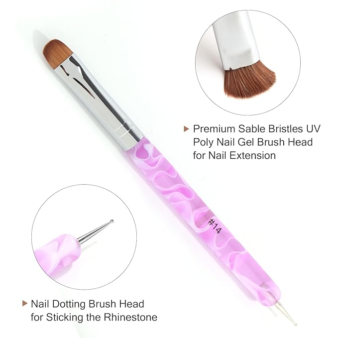 French Manicure Brush -Two Way Nail Art Brush with Dotting Manicure Tool for Manicure Cuticle Clean Up Nail Art Design- Professional Nail Salon Quality Brush, Nail Dotting Pen (14#, Pink)