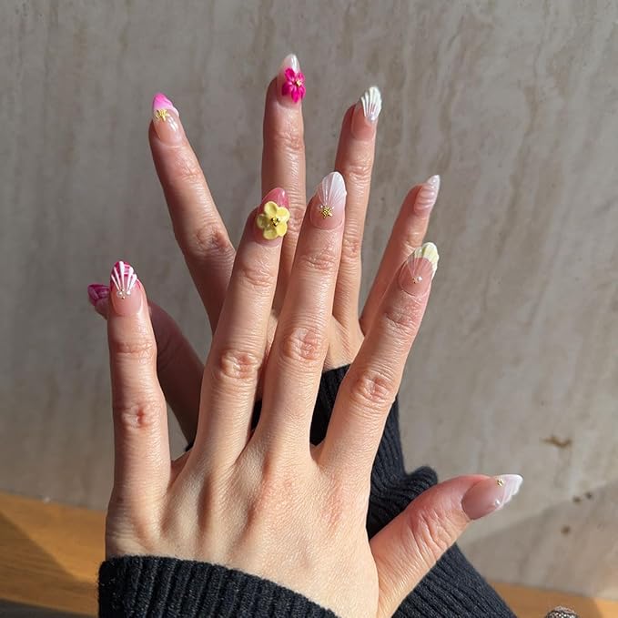 10 Short Handmade Press On Nails | with 3D Floral and French design False Nails | Skip Salon Trips, Easy to Apply & Remove, Reusable (251206, S)