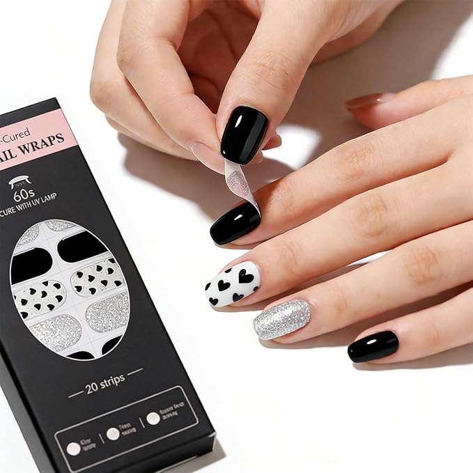 Valentine Day Semi Cured Gel Nail Strips 20Pcs Love Heart Gel Nail Stickers for Nail Art Black Heart with Silver Glitter Design Dark Black Full Wrap Gel Nail Strips Sticker UV Light for Manicure Salon