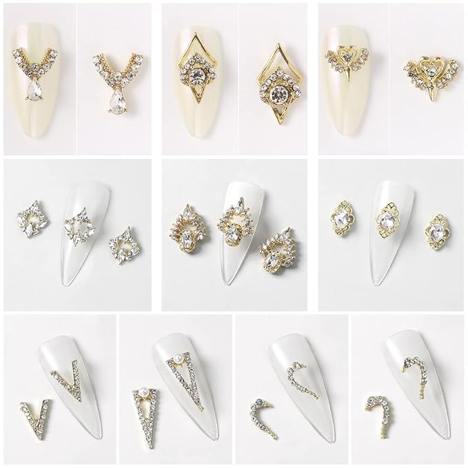 12 Pair 3D Alloy Gold Nail Art Rhinestones - Heart Shaped Nail Charms, Golden Nail Crystal Diamonds Jewelry Stones Studs for Nails Decor Crafts