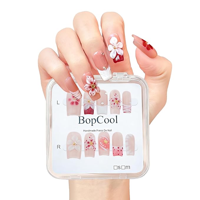 Nude Pink Handmade Press on Nails – Long Coffin Shaped Fake Nails with Rhinestones & Flower Designs | Full Cover Thick Acrylic & Multi-Layer Gel Stick on Nails (M-10PCS)