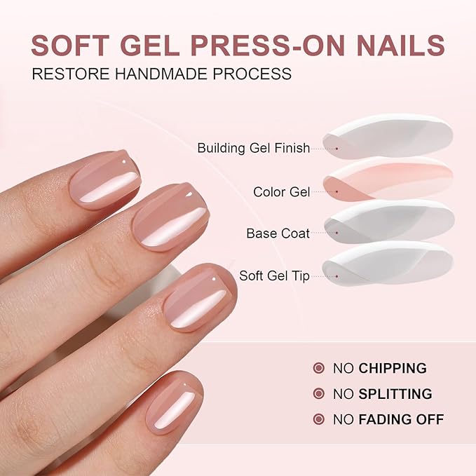 Chrome Press on Nails Kit Square Short Fake Nails Solid Color Designs Glossy Pink Thickened Salon Quality Acrylic Nails with Nails Glue Full Cover Stick on Nails for Women Nail Art DIY 32 Pcs