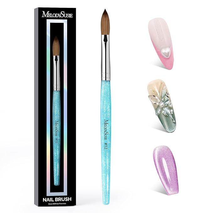 MelodySusie Kolinsky Acrylic Nail Brush,66% Kolinsky Hair Professional Nail Art Brush for Acrylic Application, Aurora Collection Fine Glitter Brush, Blue, Size 12