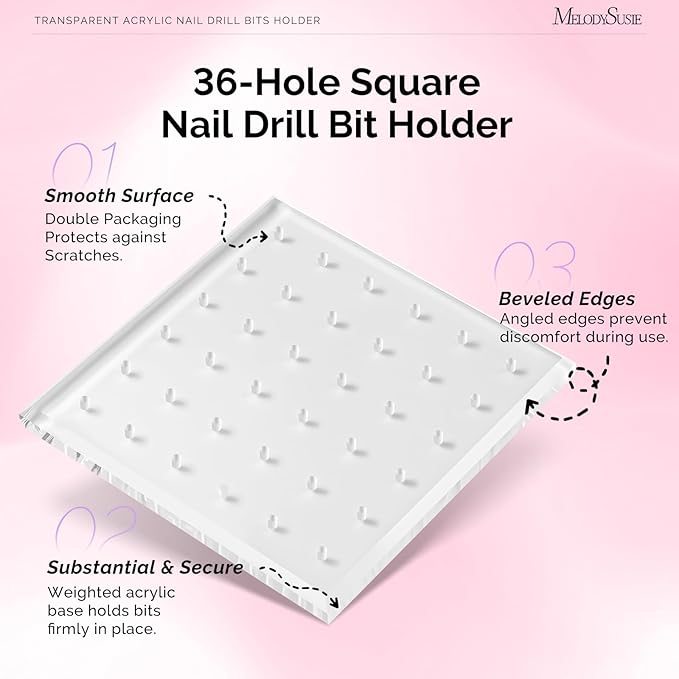 MelodySusie Nail Drill Bits Holder with 36 Holes, Visible Sturdy and Compatible with 3/32" Acrylic Drill Bit Organizer and Storage for Salon & Home, Square（not include bits）
