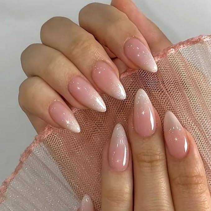 KXAMELIE Glitter Ombre Pink Press on Nails Medium Length,Gradient French Glue on Nails Almond Nails Press on,Natural Stick on Nails for Women,Reusable Stiletto Nails Acrylic,Short Almond Nails Set