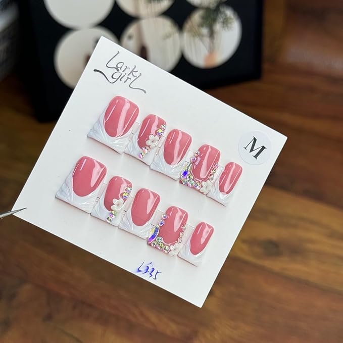 French Tip Press on Nails Handmade Short Duck 3D Flower Thick Acrylic Nails White False Nails with Floral Rhinestones Designs Elegant Glossy Fake Nail Sturdy Wedding Art Press on Nail 10Pcs(S)