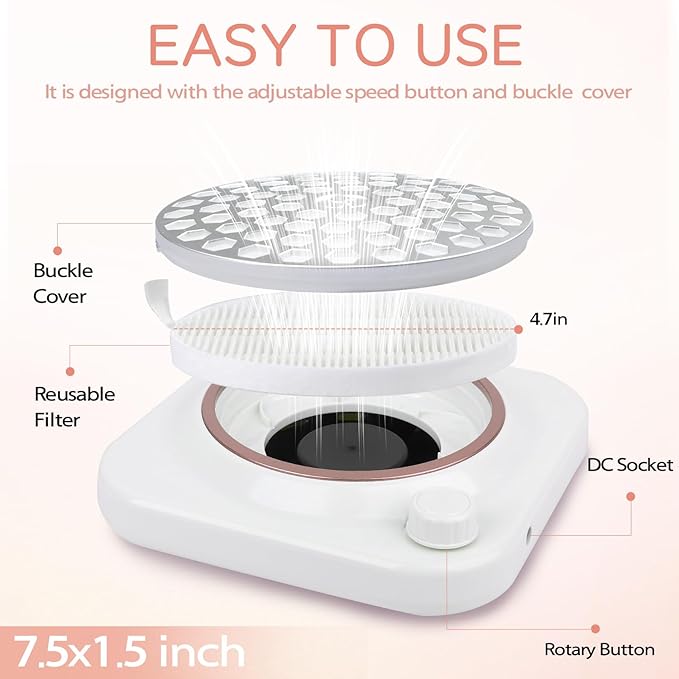 Portable Nail Dust Collector for Acrylic Nails 48W Powerful Dust Collector Nails with Filter, Nail Duster Collector Vacuum with Adjustable Speed Electric Dust Suction Machine for Manicure Home Salon