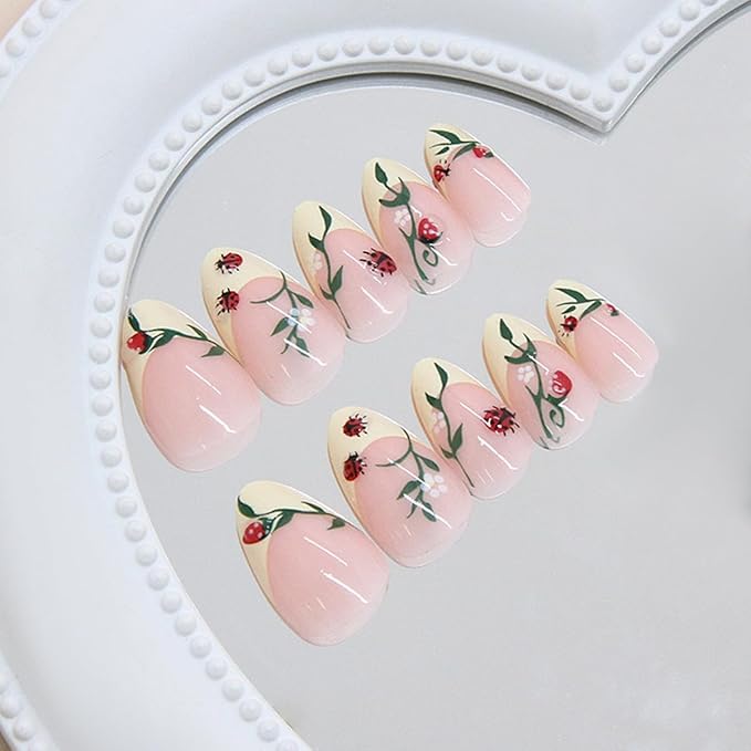 Yellow French Tip Press on Nails Almond Fake Nails with Ladybug Green Leaves Design Short False Nail Press ons Reusable Artificial Nail Glossy Full Cover Stick on Nails for Women Manicure 24 Pcs