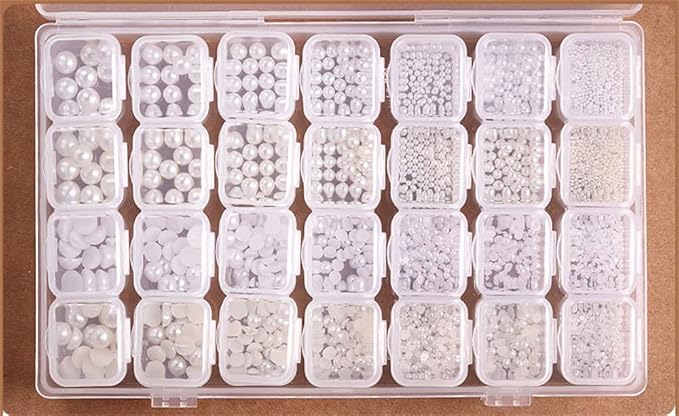 28 Grids Mixed Size DIY Half Pearl Bead Charming Nail Art Decoration Flat White Circle Beads Studs Manicure Jewelry Gems DIY Craft with Plastic Box