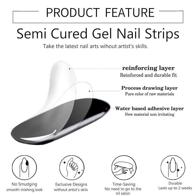 WOKOTO 2 Sheets Semi Cured Gel Nail Strips (Black)-16 Pcs Per Sheet Gel Nail Stickers | Gel Nail Wraps | Uv Light Required, Salon Quality, Real Nail Polish Strips Stick On Nails Kit With Nail File