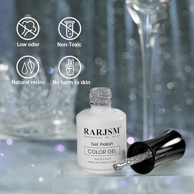 RARJSM Gel Polish Reflective Glitter,Gel Polish Glitter Silver,Flash Diamond Nail Gelpolish Soak off Disco Shimmer Gel Nail Polish UV LED Curing Requires 15ml for Home Salon Diy Nails Manicure