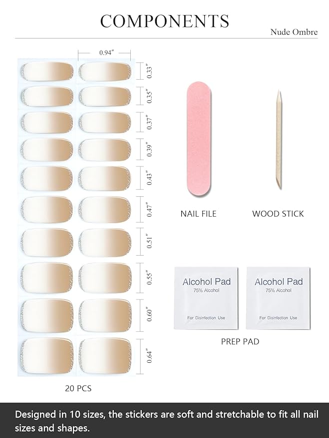 Semi Cured Gel Nail Strips (Nude Ombre), Gold Glitter, 20 Pcs Gel Nail Wraps, Stickers, UV Light Required, Salon Quality, Long Lasting