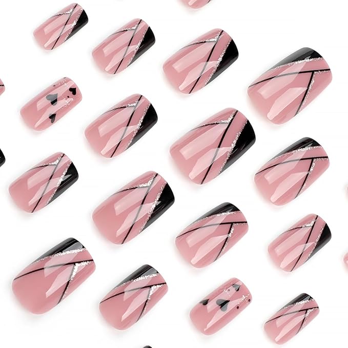 24Pcs Black French Tip Press on Nails Short Pink Fake Nails Square Shaped Heart Gold Glitter French Lines Designs Full Cover Glue on Nails Artificial Acrylic False Nails for Women Manicure Decoration