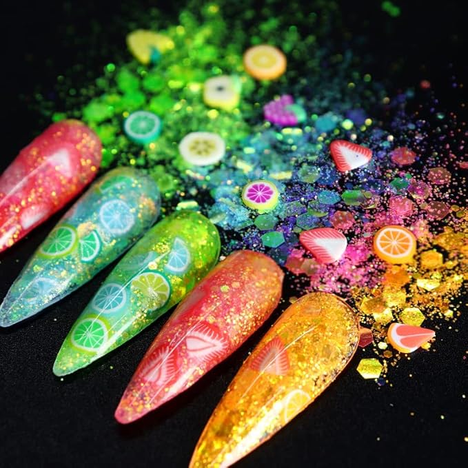 Nail Art Iridescent Sequins 3D Glitter Flakes Makeup Chunky Fruits Slices Polymer Manicure Accessories for Acrylic Nails Resin Crafts Makeup Decorations