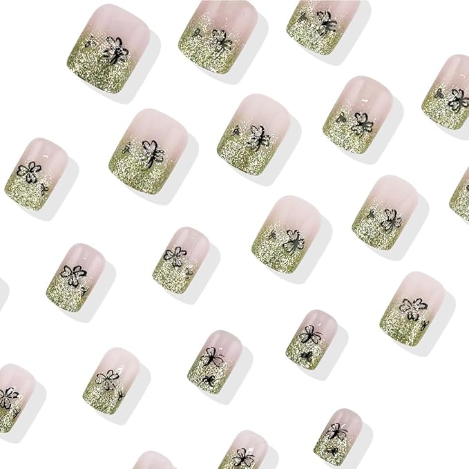 St Patricks Day Press on Nails Short Square Acrylic Fake Nails with Lucky Clover Designs French False Nails Tip Green Glitter Powder Shamrock Artificial Glue on Nails for Women Girls