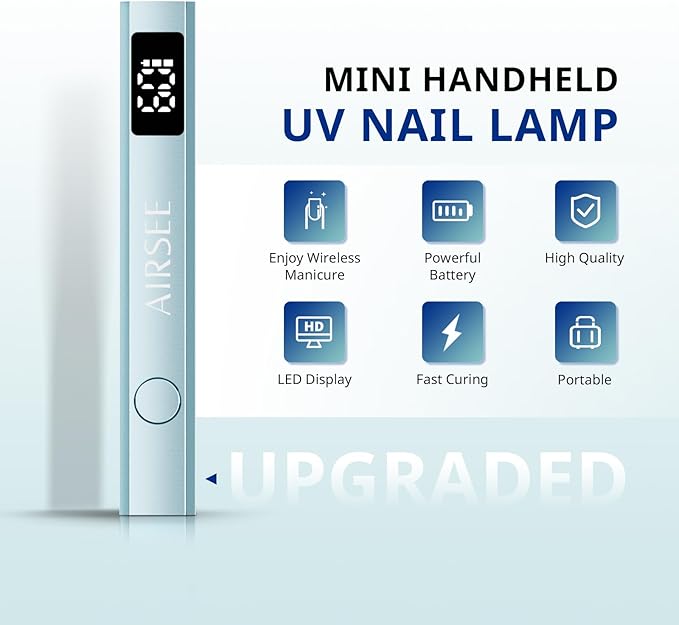 AIRSEE Cordless Mini Nail Lamp,Handheld UV Light with LCD Display for Gel Nails,Rechargeable USB Nail Dryer for Fast Cure,Rhinestone Glue Decoration,Gel Nail Strips at Home,Travel(Mint Green)