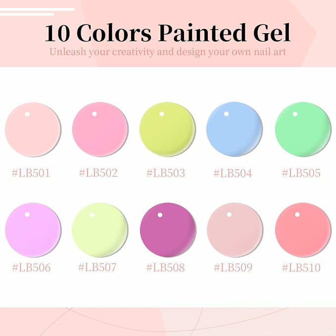 JODSONE 5ml Nail Art Gel Liner Set 10 Colors Gel Nail Polish Need U V Lamp Cured with Thin Brush Gift for Girls at Home Salon Design,Pink Red Blue Purple