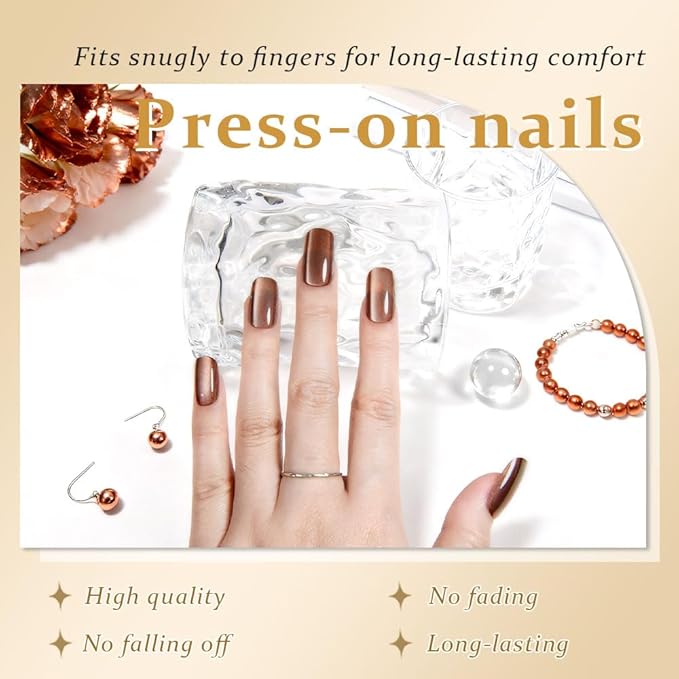 Cat Eye Nude Brown Press On Nails Medium Long Length Square, Designer Reusable Acrylic Fake Nail with Glue, Glossy Gel Nails Wedding Party, Stick On Glue On Nail, Nails Press Ons for Women
