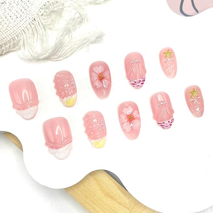 Handmade Press on Nails Flower Press on Nails French Tip False Nails with 3D Star Designs Short Almond Shaped Fake Nails Glossy Full Cover Artificial Acrylic Nails for Women (Size S)