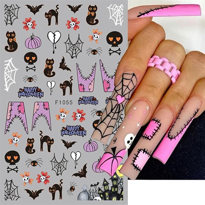 8 Sheets Halloween Nail Stickers Decals Horror Halloween Self Adhesive Nail Design Stickers Ghost Skull Black Cat Spider Web Nail Art Stickers for Women Girls DIY Manicure Nail Decoration