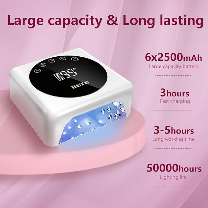 BETE Cordless LED Nail Lamp, 78W Rechargeable UV Nail Light, Intelligent Infrared Sensor and LCD Display Curing Nail Lamp, Portable Nail Dryer Gel Polish Light with 5 Timer Setting White