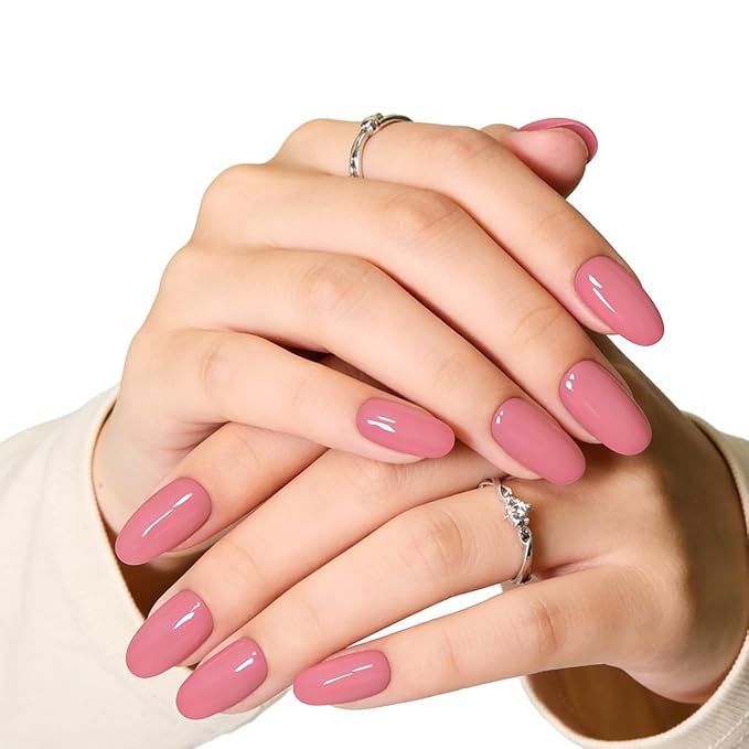 Baby Pink Press on Nails Medium Almond Acrylic Fake Nails, Valentines Solid Color False Nails Set with Varied Sizes for Women Daily Wear