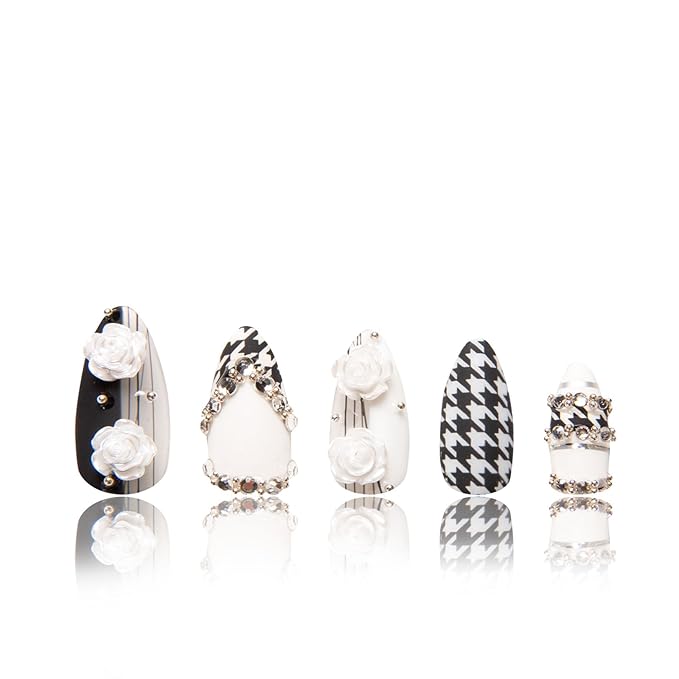 LOVFUL Press on Nails Houndstooth | Handmade with Full Covered Crystals | Reusable Fake Nails | Almond Regular 1.0 in | H30-S