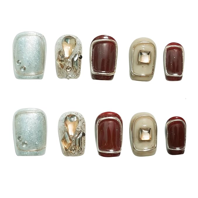 Handmade 3D Press On Nails Short Coffin,New Year Valentine False Nails Burgundy Silver Glitter with Geometric Line Art & Hand-Set Rhinestones - 10Pcs Luxury Design (Fiery Red Lips,S)