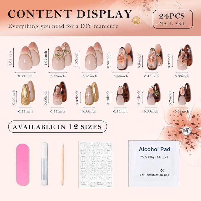 3D Press on Nails Medium Almond with Leopard & Flower Design, Sexy 3D French Tip Nail Press ons Glossy Stick on Nails for Women Reusable with Kit, Stick on Sexy Fake Nail with Designs Perfectly Fit