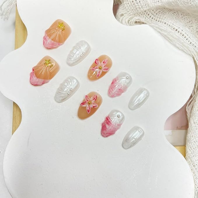 Handmade Press on Nails Flower Press on Nails Short Almond Fake Nails Shell Acrylic Nails Reusable Star False Nails Glossy Designs for Women Girls DIY Manicure Decorations (Size S)