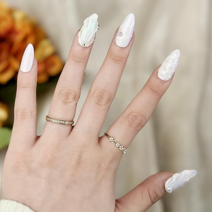 Sun&Beam Nails Handmade Press On Nail Medium Long Almond Oval Pink White Pearl Shell Fake Tip 3D Design Art Charms Cute with Storage Box 10 Pcs (White-L)