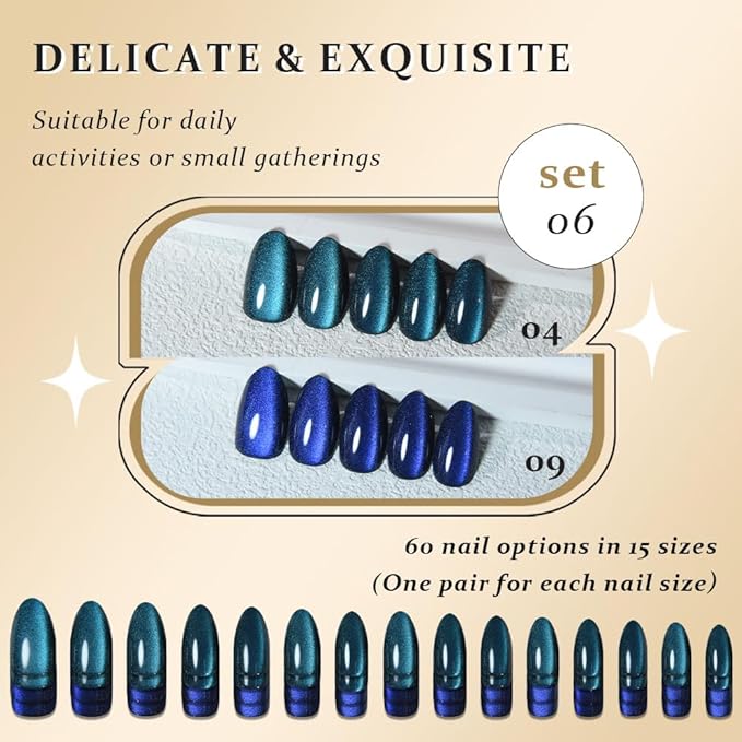 evpct Dark Blue Press on Nails Almond Short, Sapphire Royal Blue Cat Eye Glitter Press on Nails for Women Gift, Soft Gel Press Stick on Nail with Nail Kit, 60Pcs Reusable Acrylic Fake Nails Kit