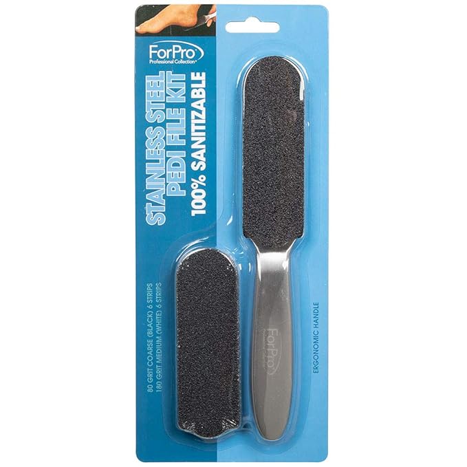 ForPro Professional Collection Stainless Steel Pedi File Kit - 100% Sanitizable Pedicure File for Heels and Feet - Includes Six Black 80 Grit and Six White 180 Grit Refill Strips- 8.5" L