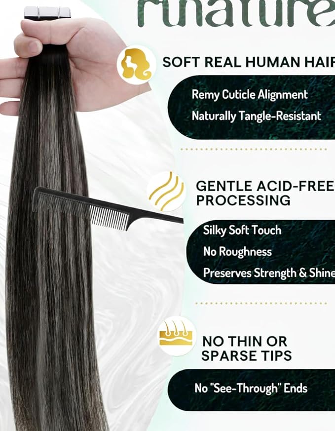 RUANTURE Tape in Hair Extensions Human Hair. Ombre Tape in Extensions, Natural Human Hair Extensions Tape Ins, Black Roots to Silver Hair Extensions, Seamless Glue in Extensions 20 Inch 50g 20pcs