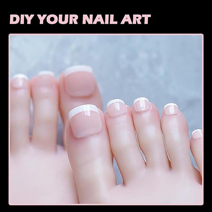 French Tip Toe Nail Tips Press on Nails, Squoval Pre-Designed False Toenail Extension, Baby Pink Pre-applied Tip Press On Toenails Full Cover Acrylic Nails for DIY 15 Sizes 300 pcs