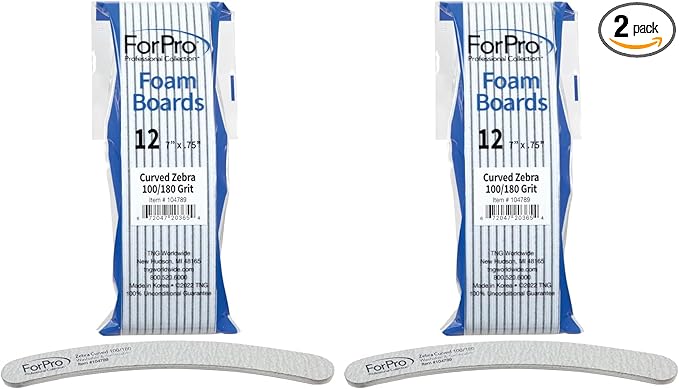 ForPro Zebra Curved Foam Board, 100/180 Grit, Double-Sided Manicure and Pedicure Nail Files, 7” L x .75” W, 12-Count (Pack of 2)