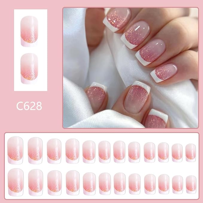 French Tip Press on Nails Medium Square Fake Nails Red Ombre Nails Press ons with Gold Glitter Design Reusable Artificial Nail Glossy Full Cover Glue on Nail Stick on Nails for Women Manicure 24Pcs