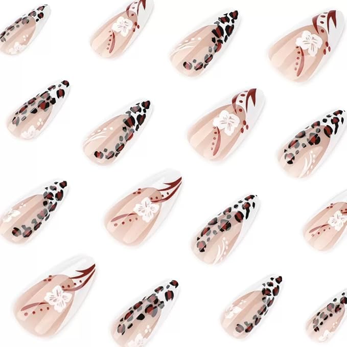 Fall Press on Nails Medium Almond Fake Nails with Leopard Print Design - Flower Full Cover Stick on French Tip False Nails for Women Manicure 24 Pcs
