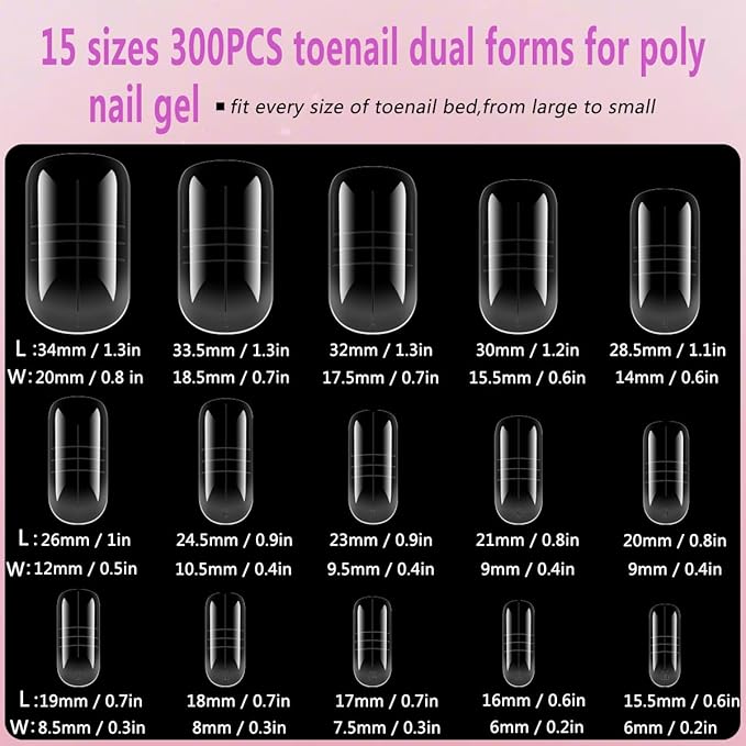 300PCS Toenail Extension Dual Form for Poly Gel, Full Cover Square French Tips Reusable Molds for Pedicure Nail Art Builder Tools with Brush Nail File Separators Salon Supplies