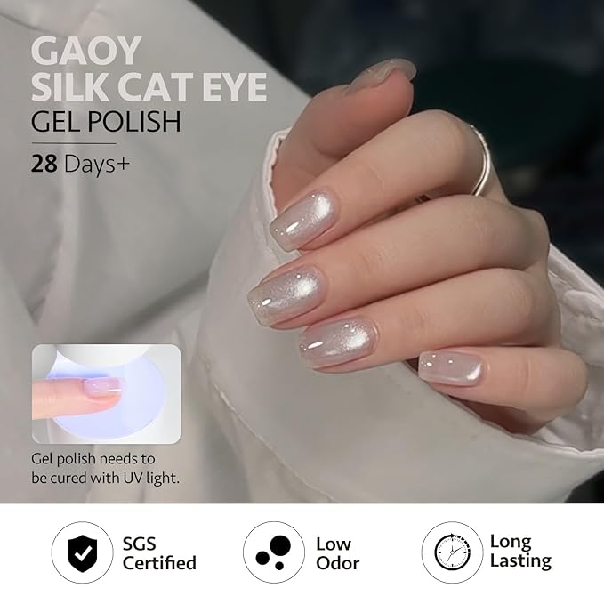 GAOY Cat Eye Gel Nail Polish Set with Magnet, 6Pcs Silver Blue Green Icy Summer Holographic Cat Eye, Reflective Translucent UV Gel, Sea Splash