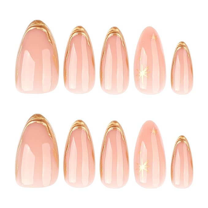 3D Press on Nails Medium Almond MABKJLF Gold French Tip Fake Nails False Nails with Stars Designs Nude Glossy Glue on Nails Full Cover Glossy Glue on Nails Acrylic Nails for Women Girls 24Pcs