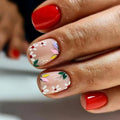 Flower Press on Nails Short Square Fake Nails Red False Nails Press ons with Floral Designs Spring Acrylic Nails Full Cover Glue on Nails Artificial Stick on Nails for Women Manicure 24Pcs