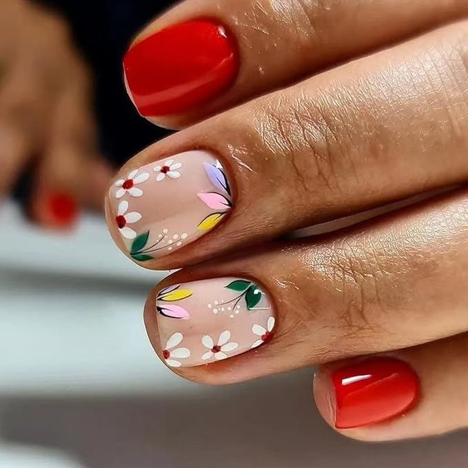 Flower Press on Nails Short Square Fake Nails Red False Nails Press ons with Floral Designs Spring Acrylic Nails Full Cover Glue on Nails Artificial Stick on Nails for Women Manicure 24Pcs