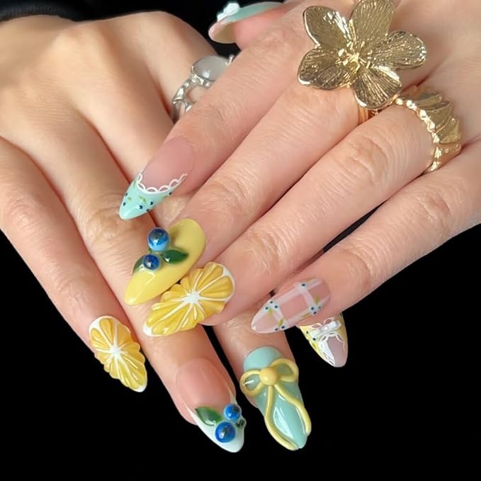 Press On Nails, 10 Pcs Handmade French Almond Fake Nails, Reusable Artificial Cute Fruit Pattern False Nails for Women 3D Acrylic Nails Kit (Size M)