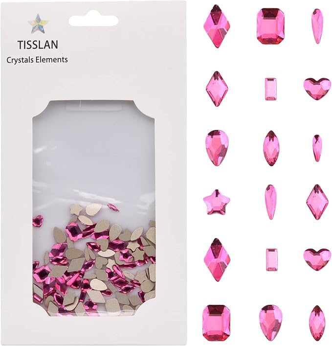 100pcs Fuchsia Glass Nail Diamonds Rhinestones Flatback Multi 10 Different Shape Color Crystals Small and Large Assortment Bulk for Nail Art