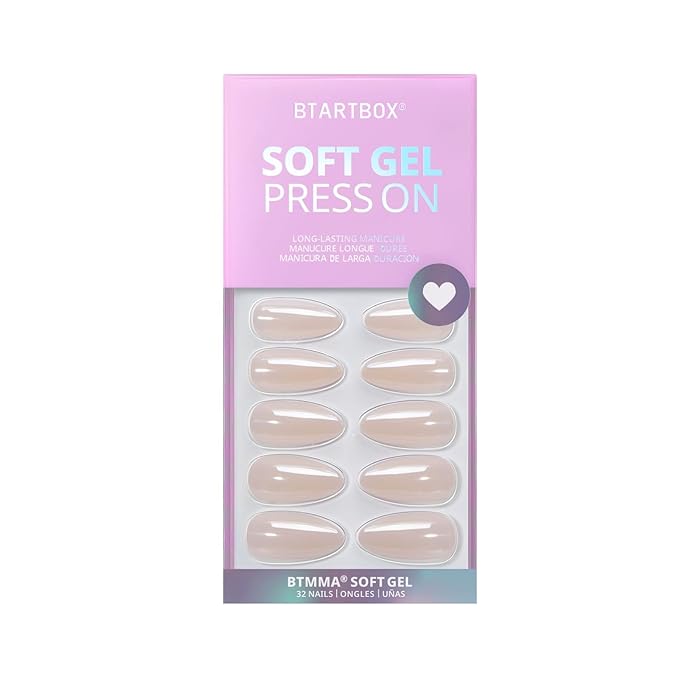BTArtbox Press On Nails Medium Almond - Press on Nails Chrome Nails, Light Weight & Fit Perfectly Fake Nail with Nail Glue, Nude Glue On Nails in 16 Sizes, Glazed Donut