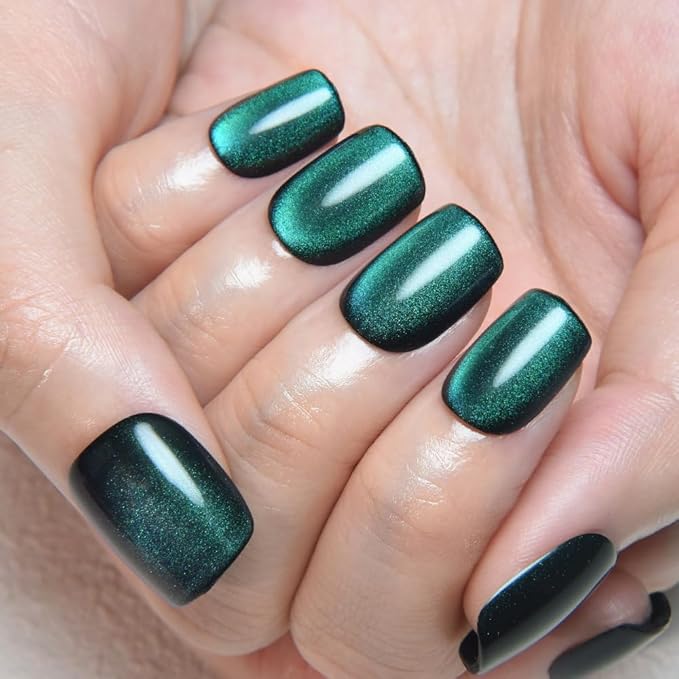evpct Green Cat Eye Extra Short Press on Nails Square, Petite Short Square Stick on Nails for Women Gift, Emerald Green Metallic Glitter Glossy Reusable Gel Press on Acrylic Fake Nail with Designs