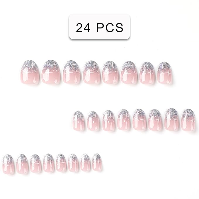 Silver Glitter French Press on Nails Short Almond fake Nails White Starburst false Nails Full Cover Color Gradient Glitter Glossy Acrylic Nails for Women and Girls DIY Manicure Decoration 24Pcs