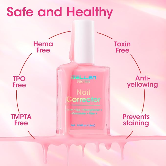 GELLEN PRO BIO Nail Strengthener and Growth, Clear Tinted Pink 5-In-1 One Stop Nail Polish Corrector Treatment | Fortify, Hydrate, Conceal, Smooth, Repair for Damaged, Dry, Uneven, Yellow Nails
